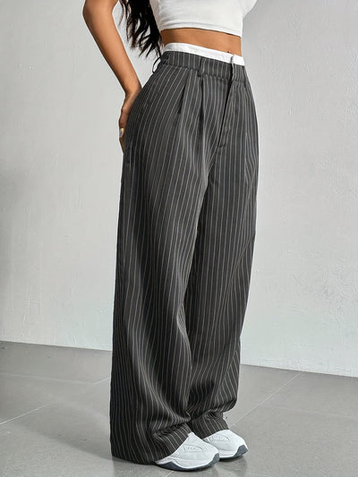 Stripe Printed Trousers Fashion High Waist Straight Leg Pants With Pocket Zipper Casual Suit Pants For Women