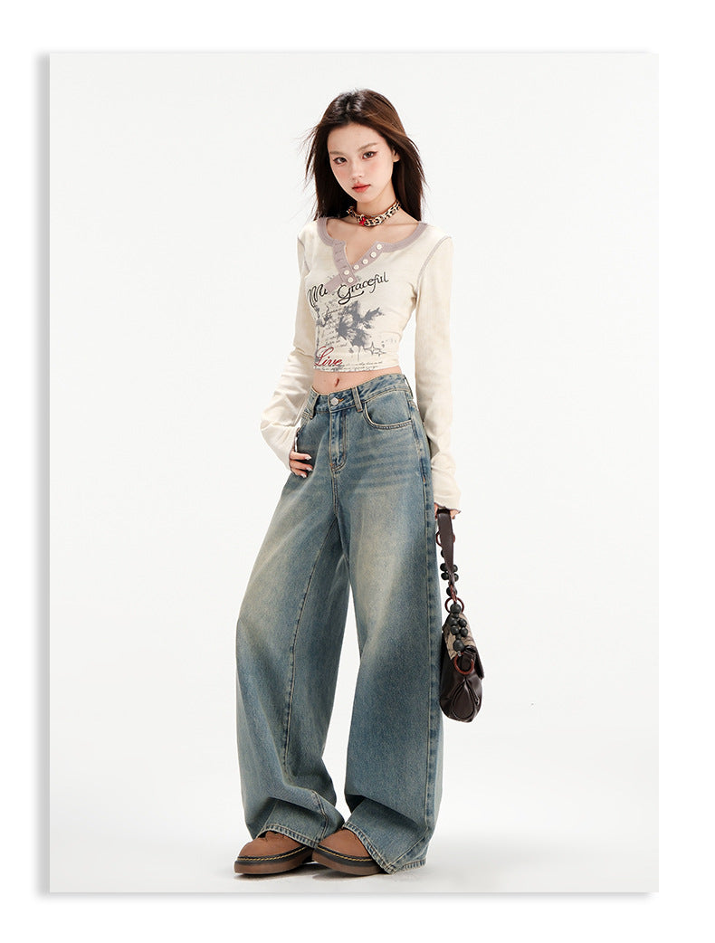 Retro Straight All-matching Loose Drooping Wide Leg Jeans