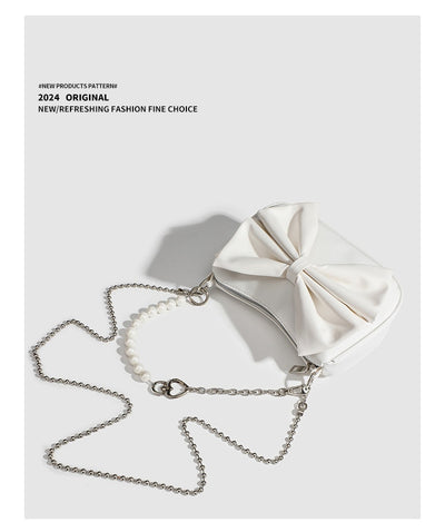 Black White PU Bow Handbags Autumn Winter Ladies Underarm Tote Bags Fashion Simple Pearl Chain Shoulder Bag Small Purse