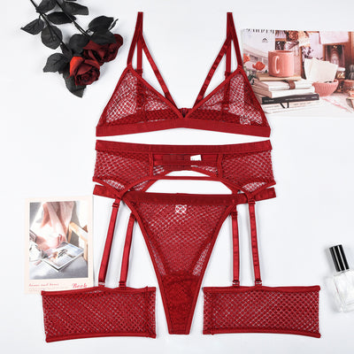 Womens Lace Sheer Lingerie 3-Piece Set