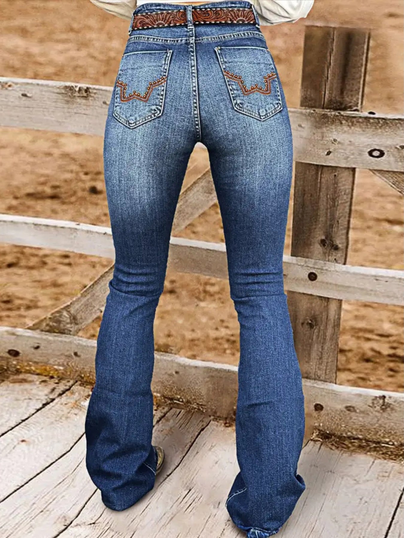 Womens Retro Beaded Embroidered Stretch Denim Jeans