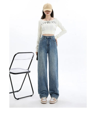 Simple All-matching Wide Leg Jeans For Women Spring And Autumn New High Waist