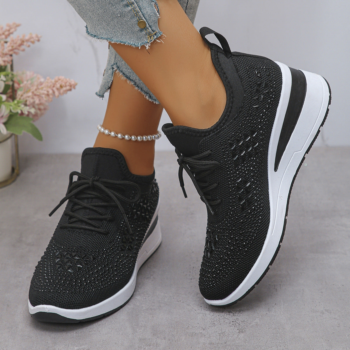 Ins Rhinestone Sneakers Fashion Lace Up Wedges Casual Shoes Women's Daily Commuting Sports Shoes