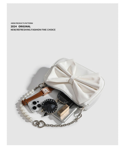 Black White PU Bow Handbags Autumn Winter Ladies Underarm Tote Bags Fashion Simple Pearl Chain Shoulder Bag Small Purse