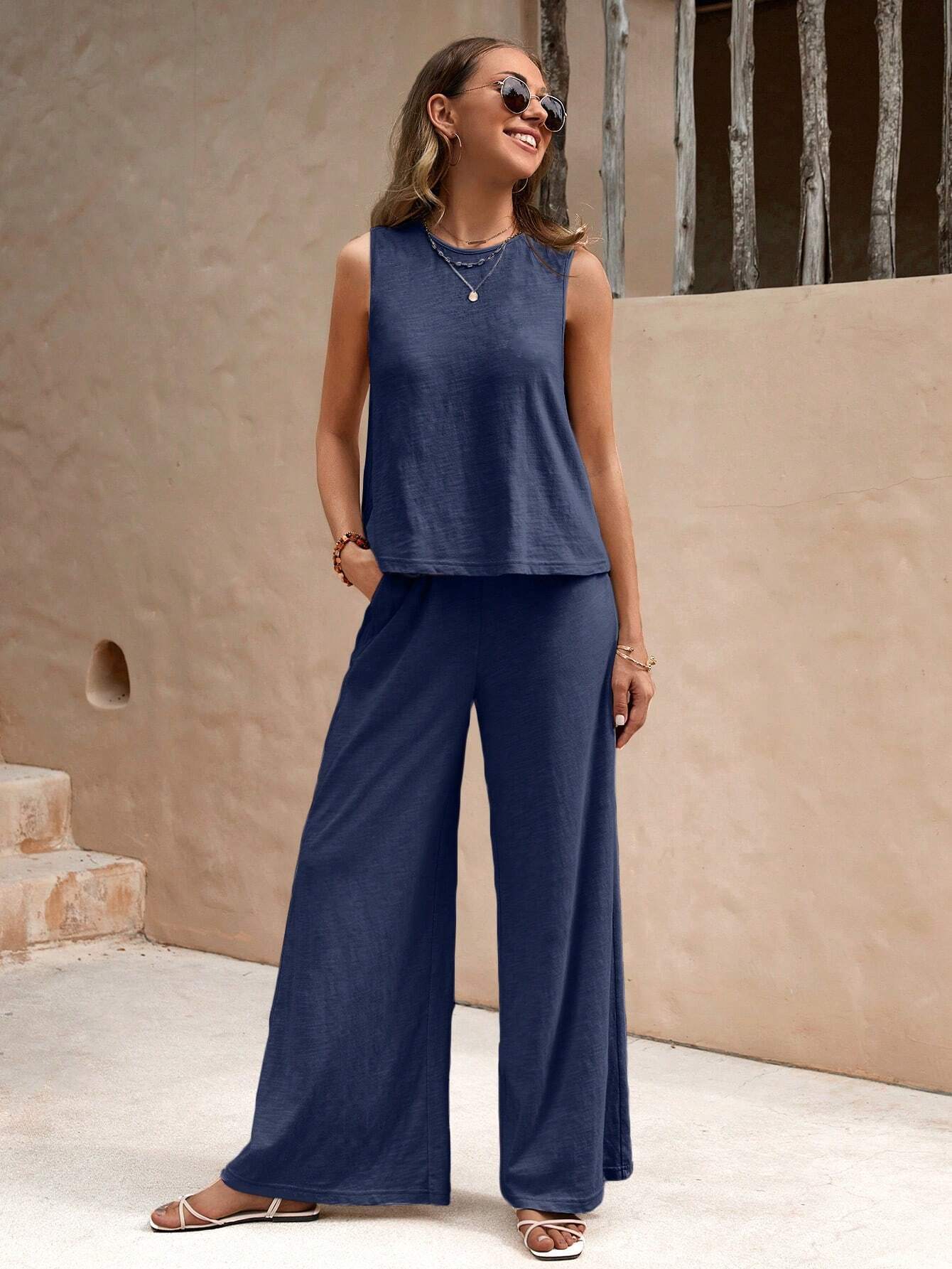 Solid Color Casual Loose Pants Sets For Women Elegant Spring Summer Women's Two Pieces Suit Full Trouser Set Female Outfit Clothes