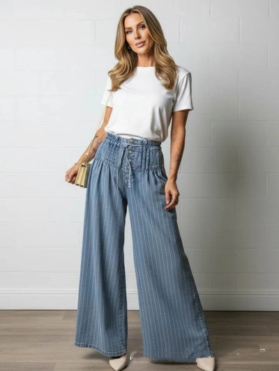 Womens Pleated Mid-Waist Lace-Up Loose Wide-Leg Denim Jeans