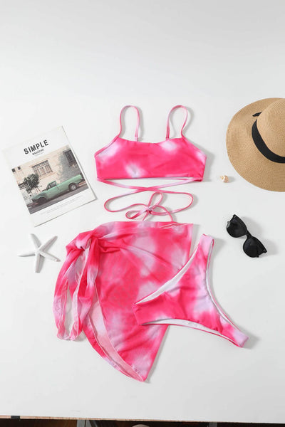3pcs Tie Dye Print Bikini With Short Skirt Summer Beach Sexy Swimwear Womens Clothing