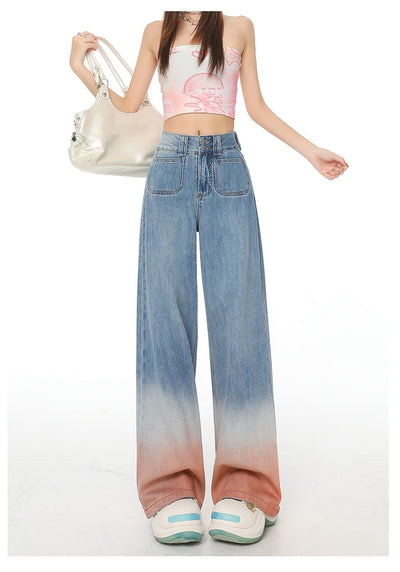 Gradient Color High Waist Wide Leg Jeans For Women Loose-fitting Mopping Pants