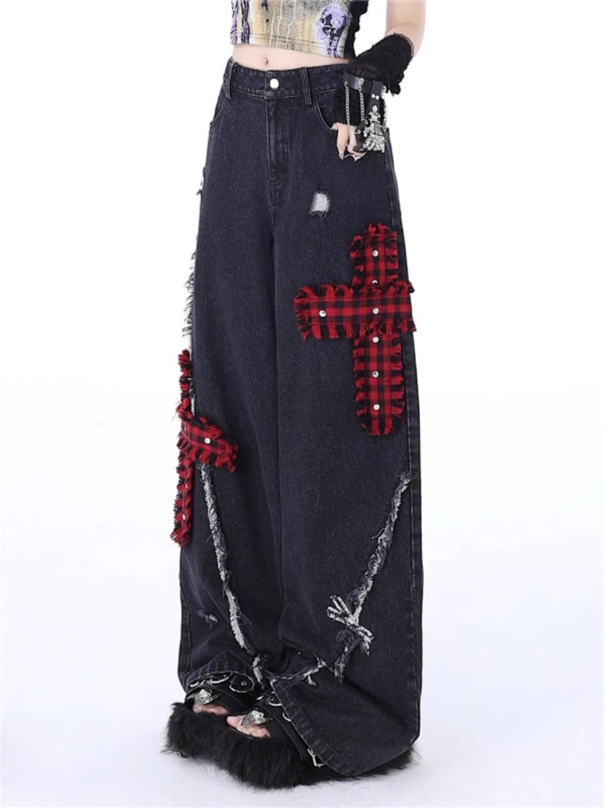 Retro Tattered Stitching Red Plaid Jeans