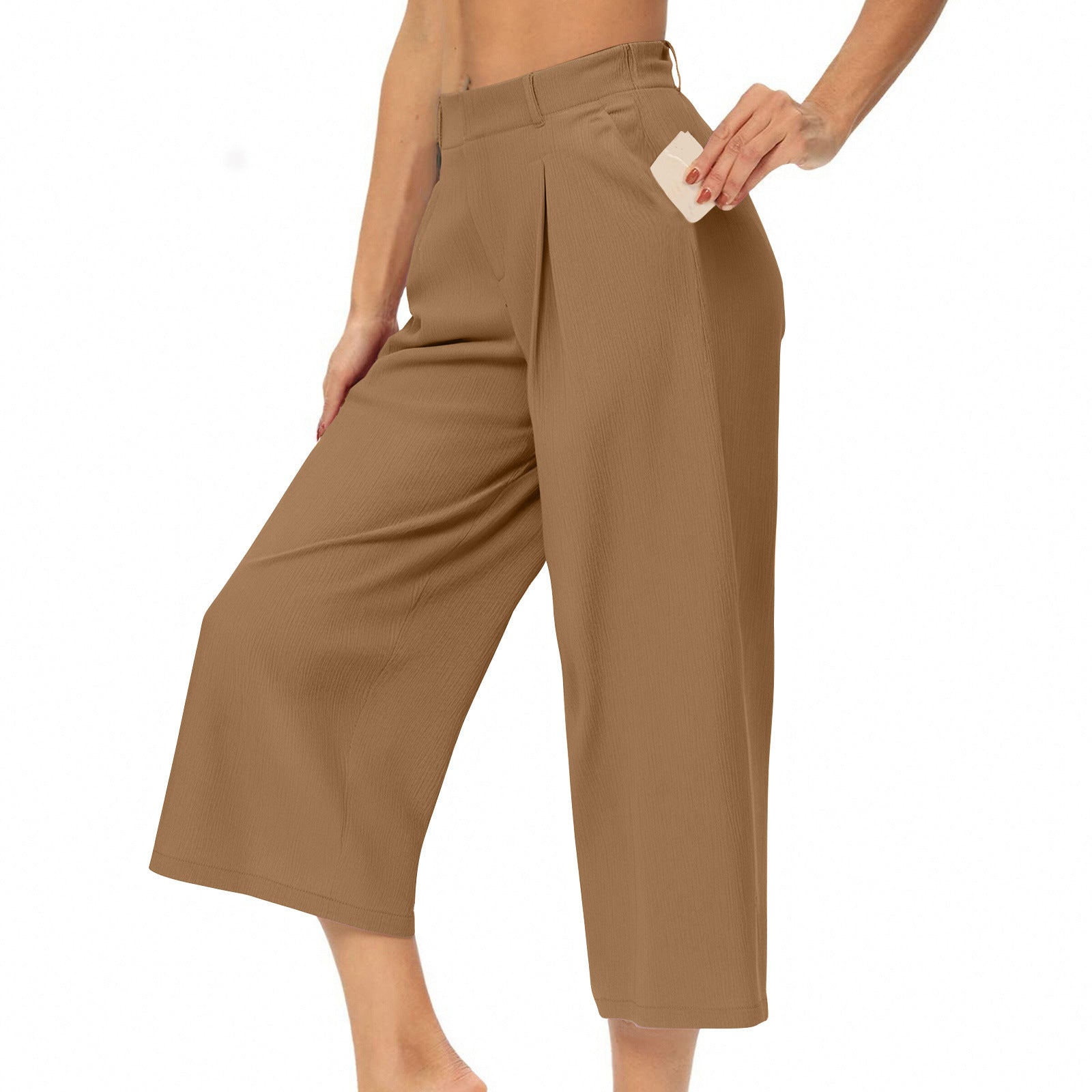 Womens Summer Solid-Color Casual High-Waisted Wide-Leg Cropped Trousers With Side Pockets