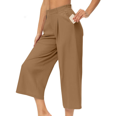 Womens Summer Solid-Color Casual High-Waisted Wide-Leg Cropped Trousers With Side Pockets