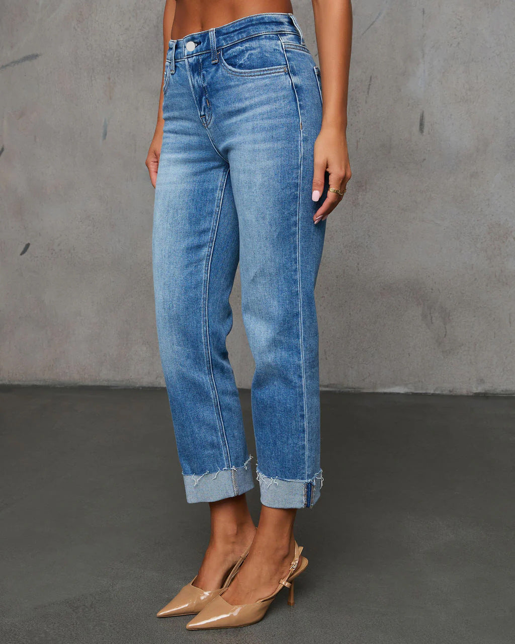 Cuffed Capri Pants, Fashionable Stretchy Whiskered Denim Jeans