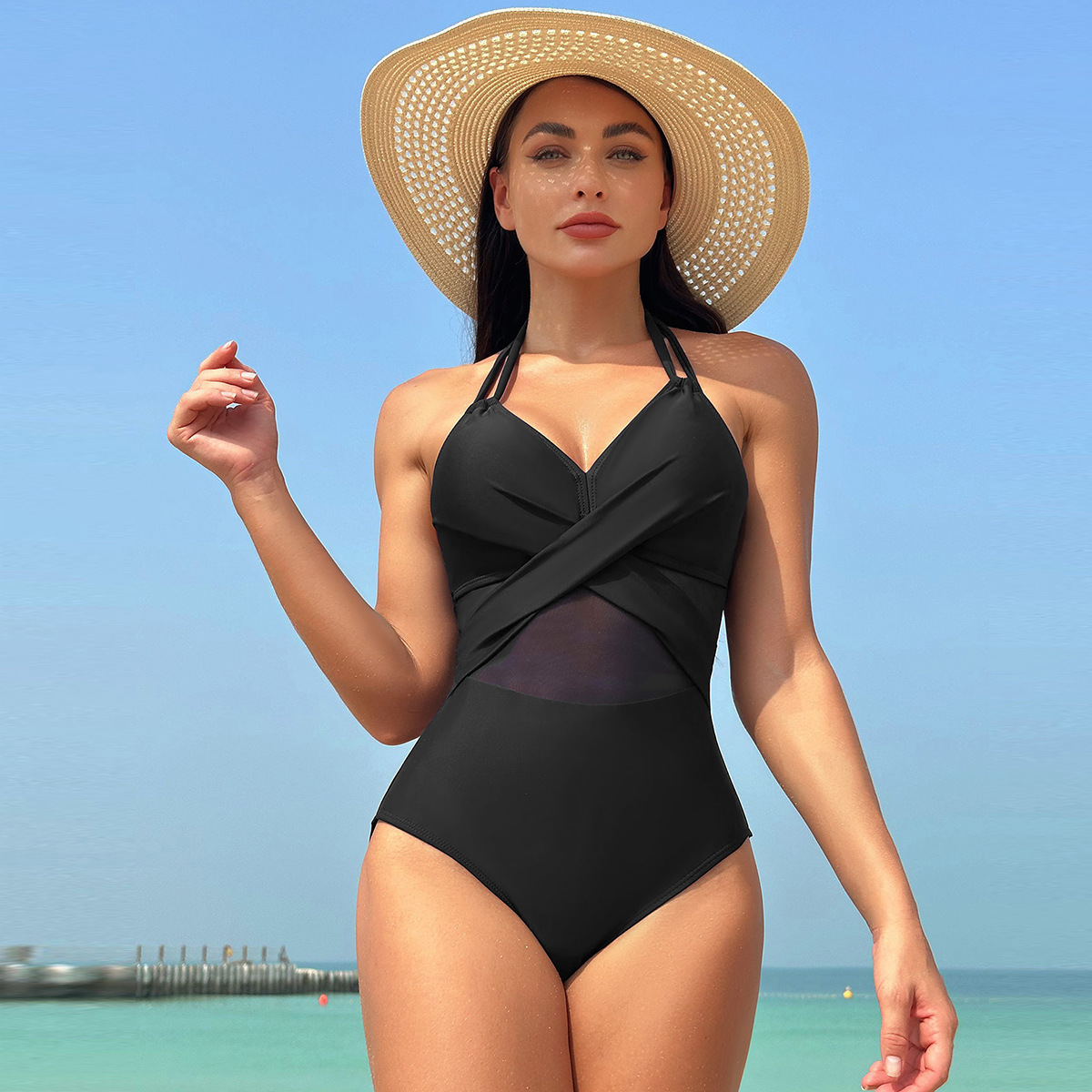 Halter-neck One-piece Swimsuit Summer Solid Color Cross-strap Design Mesh Bikini Beach Vacation Womens Clothing