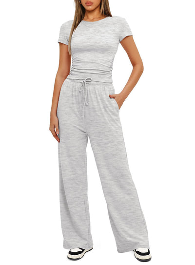 2pcs Solid Color Casual Sports Yoga Suit Short-sleeved Top And High-waisted Drawstring Wide-leg Pants Summer Fashion Set For Womens Clothing