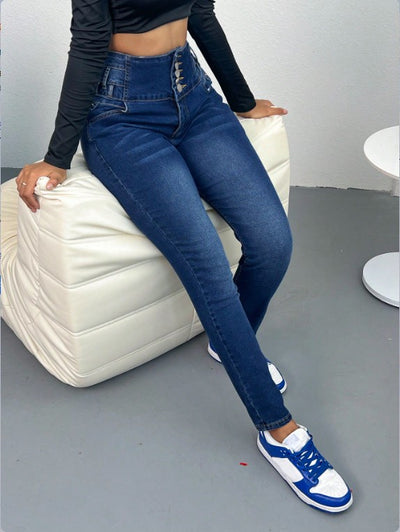 Women's Breasted Straight-leg Trousers Dark Blue Jeans