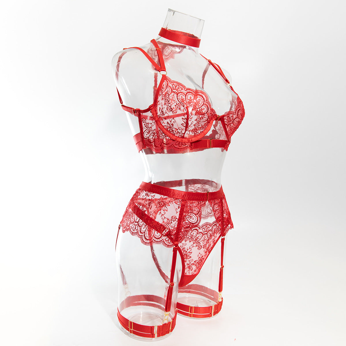 Women's Solid Color Heavy Embroidery Sheer Sexy Lingerie Set