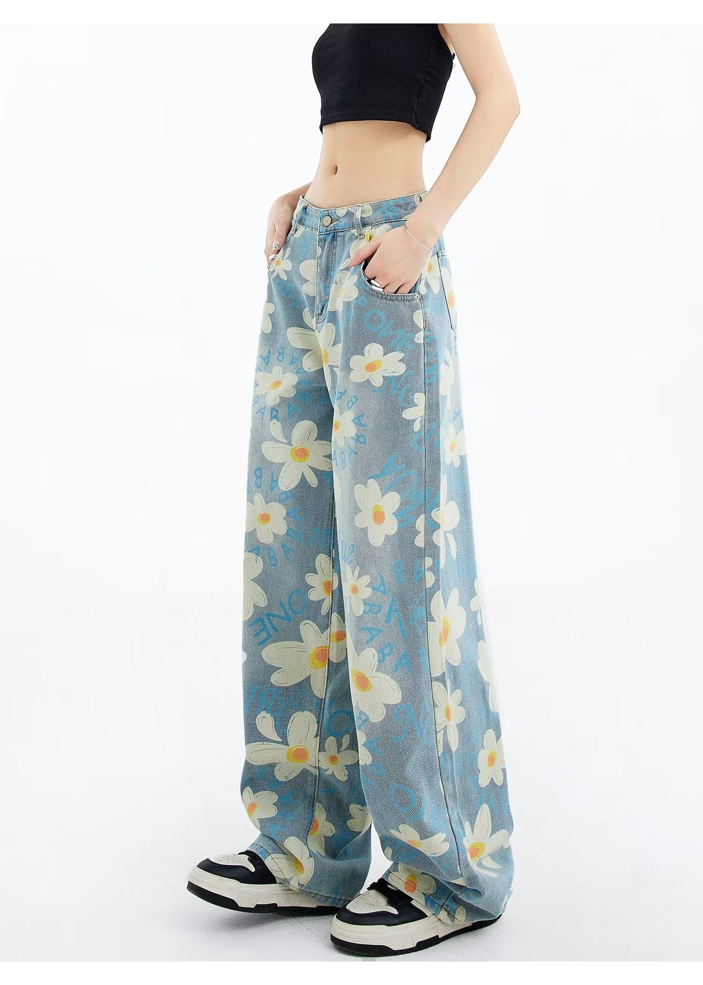 New Summer Printed Floral Wide-leg Washed Jeans For Women