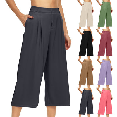 Womens Summer Solid-Color Casual High-Waisted Wide-Leg Cropped Trousers With Side Pockets