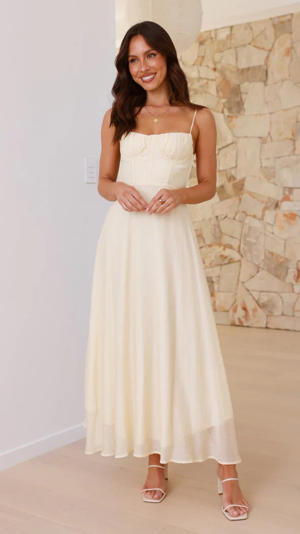 Strap-printed Backless Dress With A Slit At The Hem