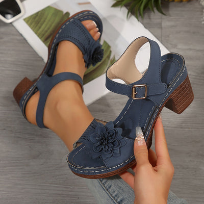 Women's Flowers Chunky Heel Sandals Summer Plus Size Platform Shoes