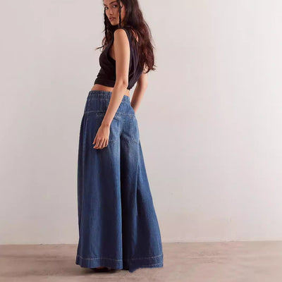 Womens Pleated Mid-Waist Lace-Up Loose Wide-Leg Denim Jeans