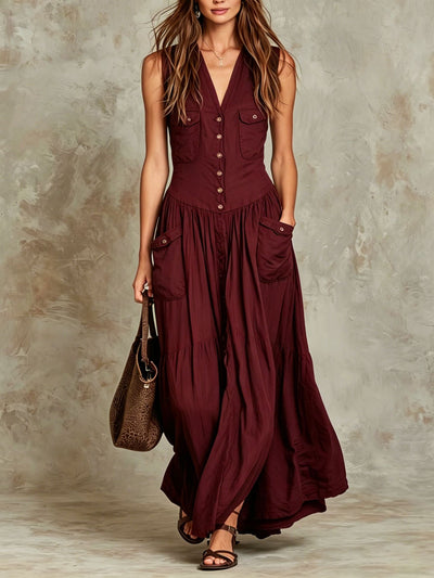 Relaxed-fit Sleeveless Casual V-neck Vintage Dress With Buttons