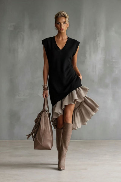 Solid-color Casual European-American Style Flounced Midi Skirt