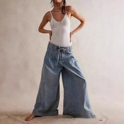 Womens Pleated Mid-Waist Lace-Up Loose Wide-Leg Denim Jeans