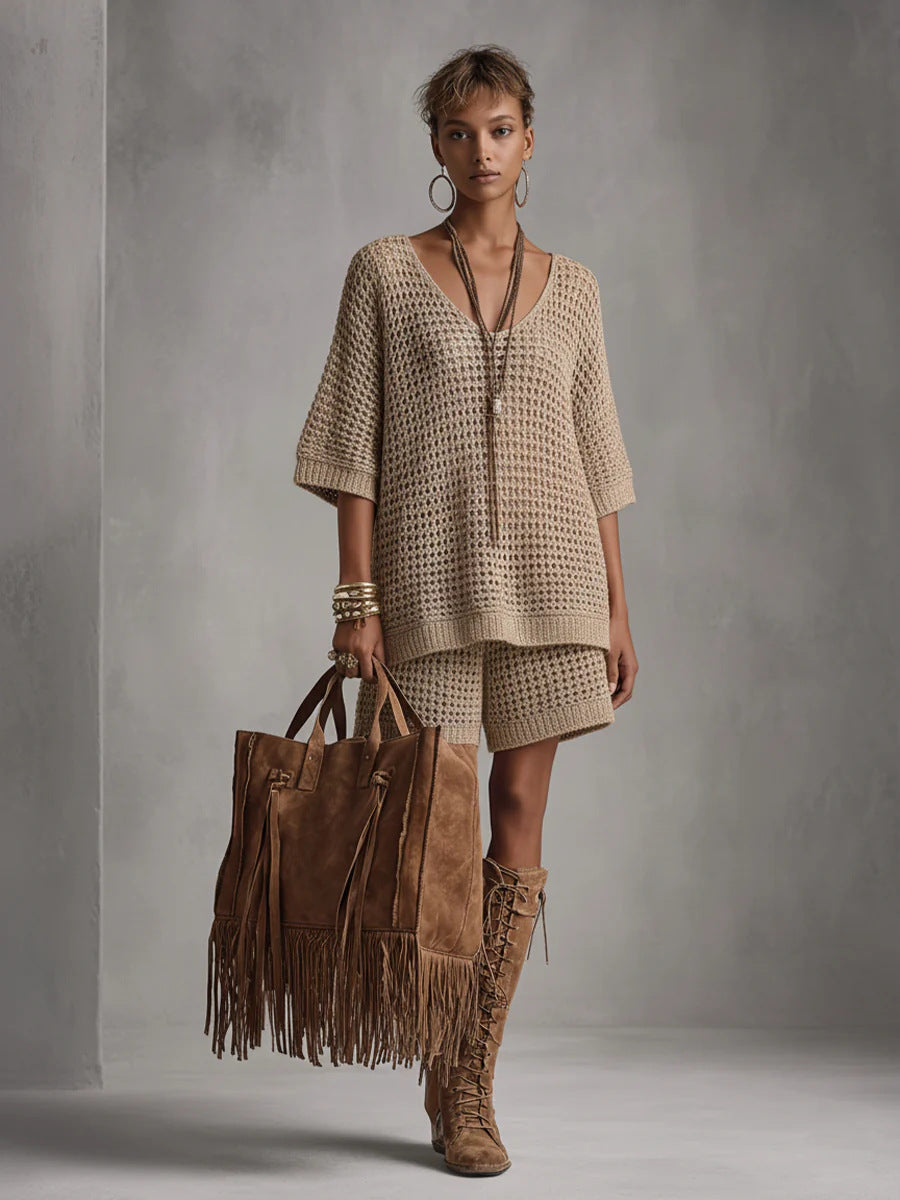 Wool Summer Loose-fit V-neck Short-sleeve Top And High-waisted Shorts Set