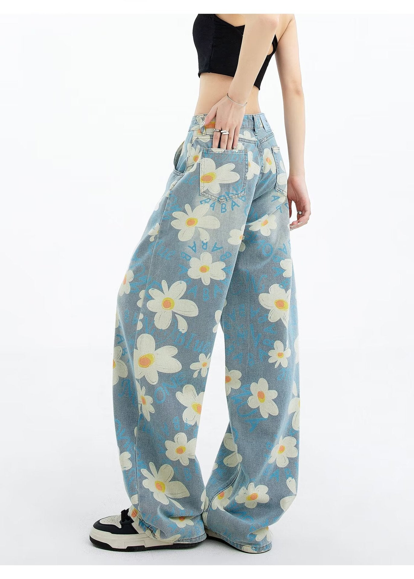 New Summer Printed Floral Wide-leg Washed Jeans For Women