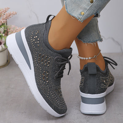 Ins Rhinestone Sneakers Fashion Lace Up Wedges Casual Shoes Women's Daily Commuting Sports Shoes