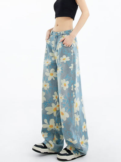 New Summer Printed Floral Wide-leg Washed Jeans For Women